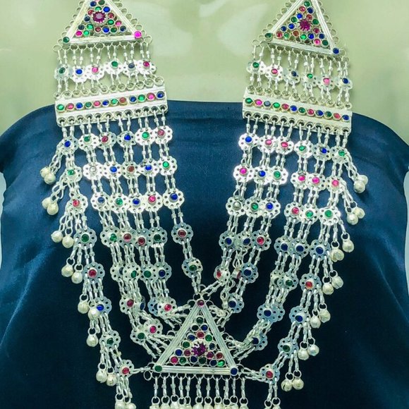 Multilayers Kuchi Tribal Bib Necklace With Multicolor Glass Stones - Picture 2 of 8